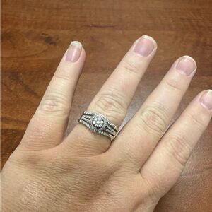 10K 3 piece white gold diamond engagement ring set.